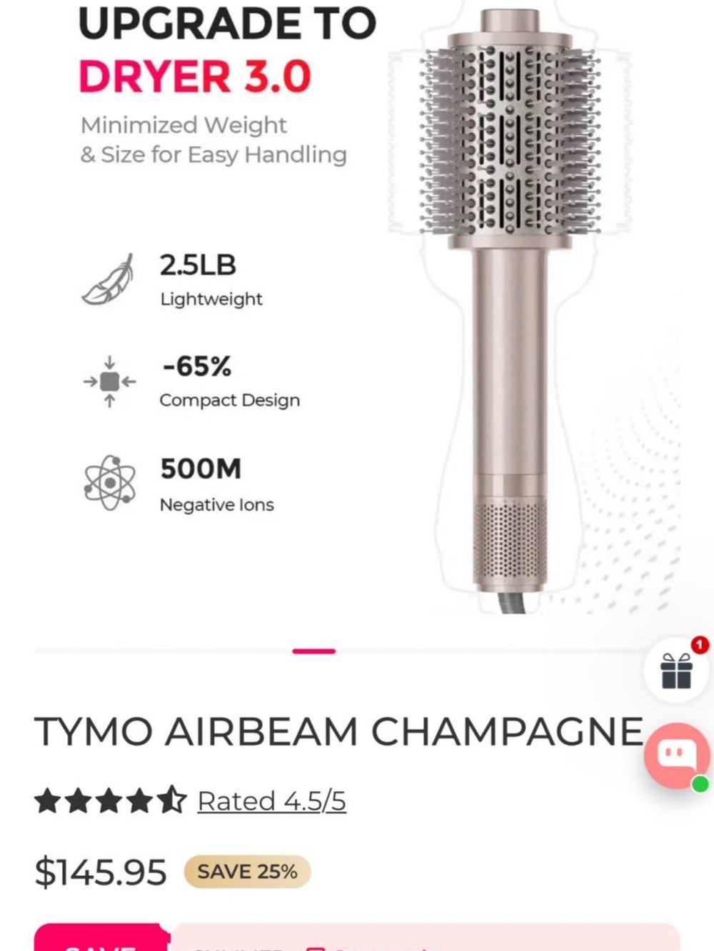 Tymo AirBeam Hair Dryer Brush - Champagne
